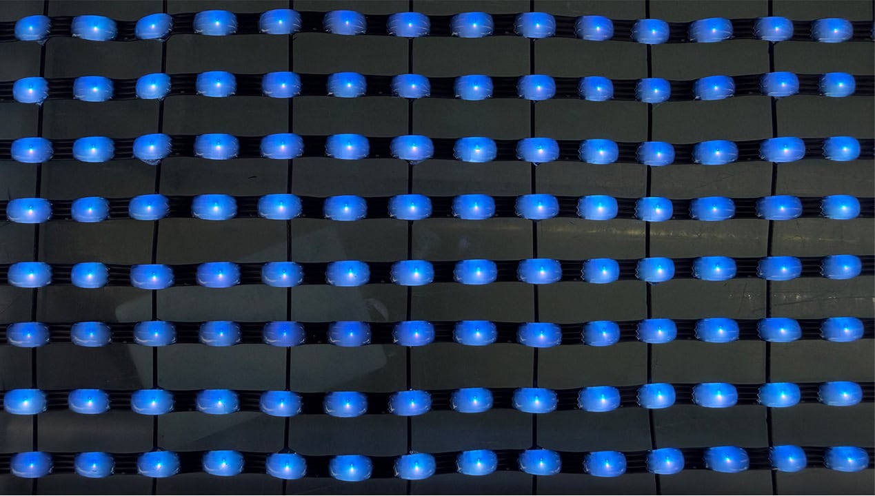 Close-up of high brightness blue LED pixels on flying LED screen