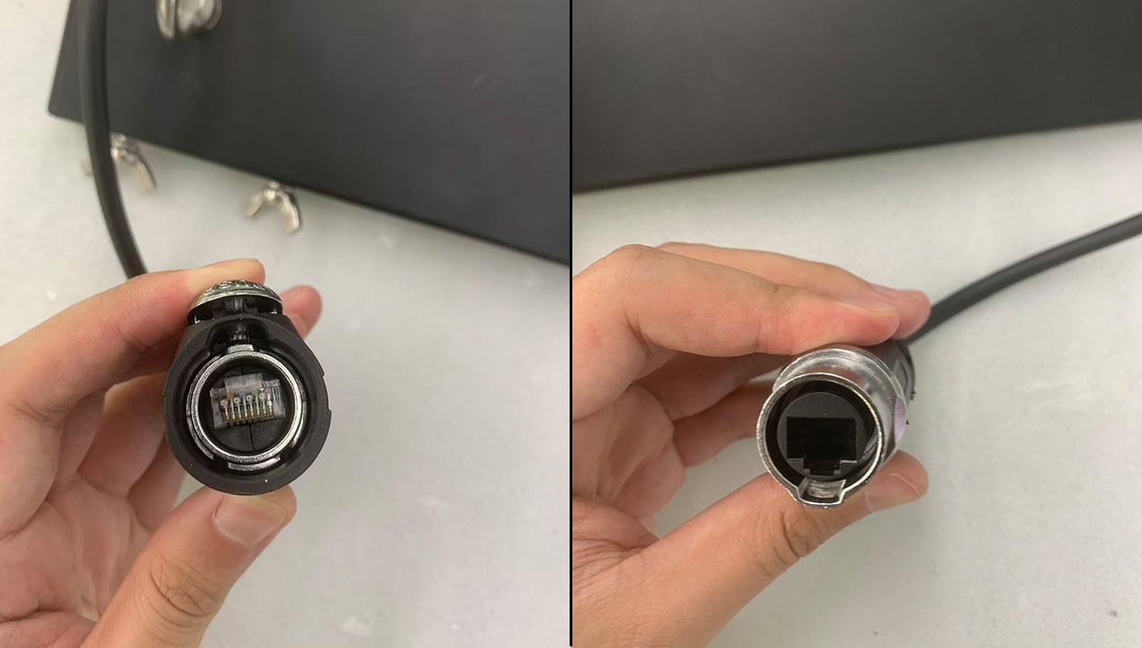Close-up of quick signal connector port on flying LED screen