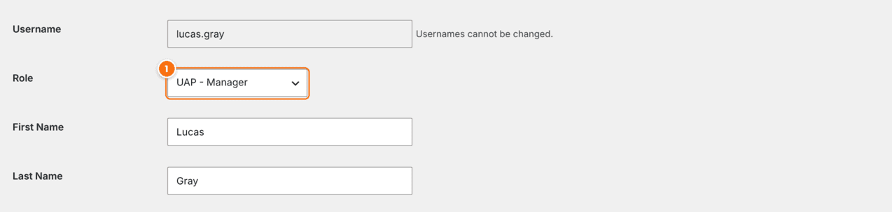 WordPress Edit User screen for lucas.gray with the Role dropdown set to UAP - Manager