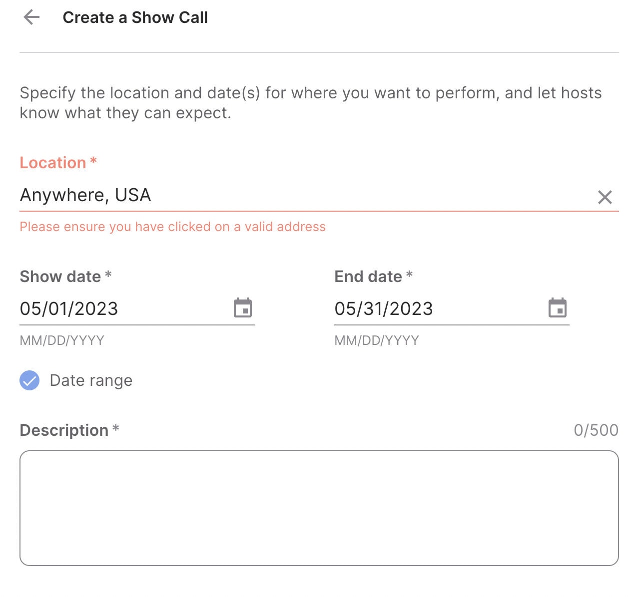 Side Door, create a show call/select a city example