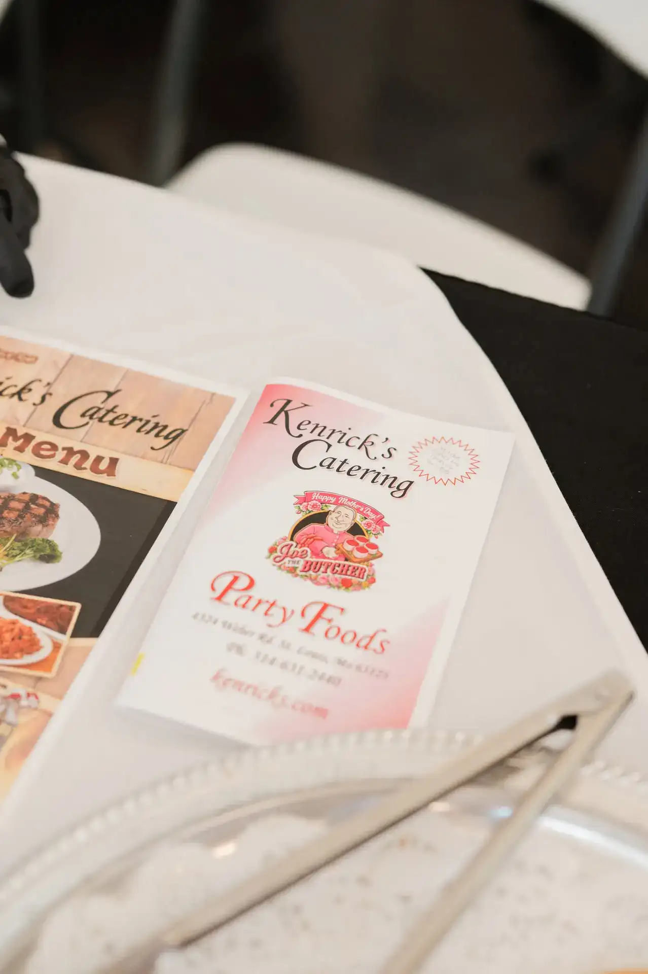 Kenrick’s Catering menu and party foods brochure at a Romaine Valley Weddings & Events in Fenton, Missouri reception