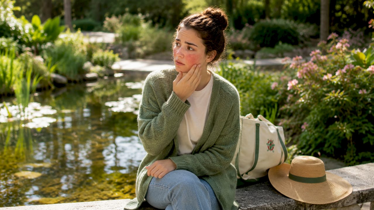 Woman outdoors touching irritated skin on cheek