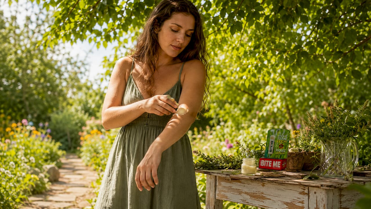 Woman applying natural balm on bug bite indoors