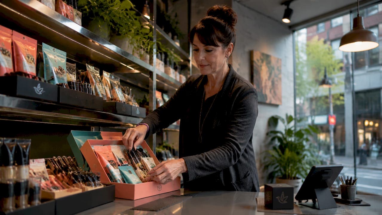 Cannabis store employee arranging product bundles
