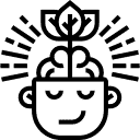An icon in black of a head with a flower growing out of the top indicating an idea.