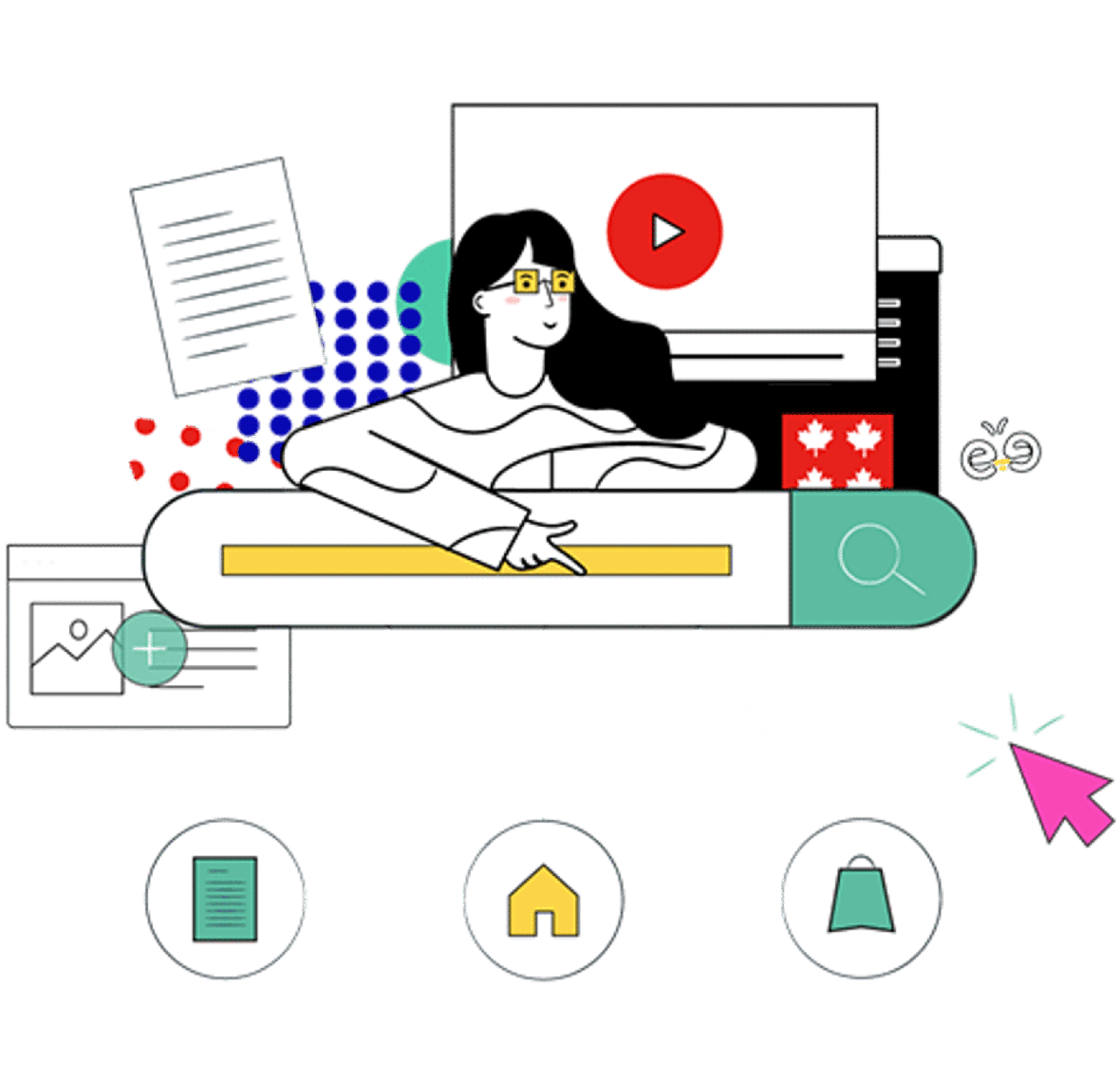 illustration moteur de recherche : une femme est derrière une barre de saisie de texte pour faire une recherche
