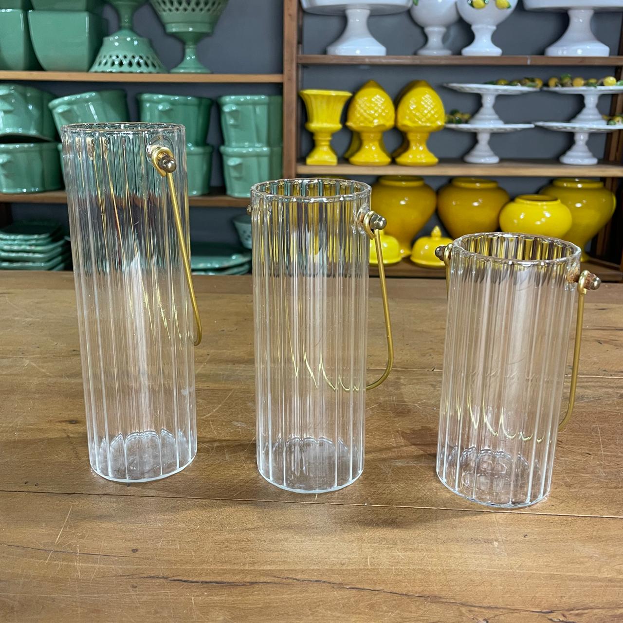VASO VIDRO CLONE PLISSADO ALÇA DOURADA