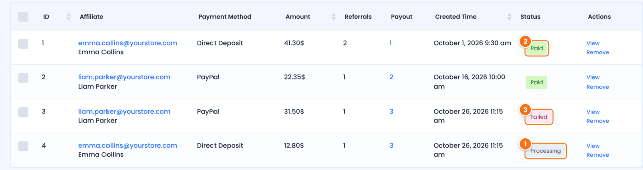 Payments list in Ultimate Affiliate Pro with Direct Deposit and PayPal payments in the statuses Processing, Paid and Failed