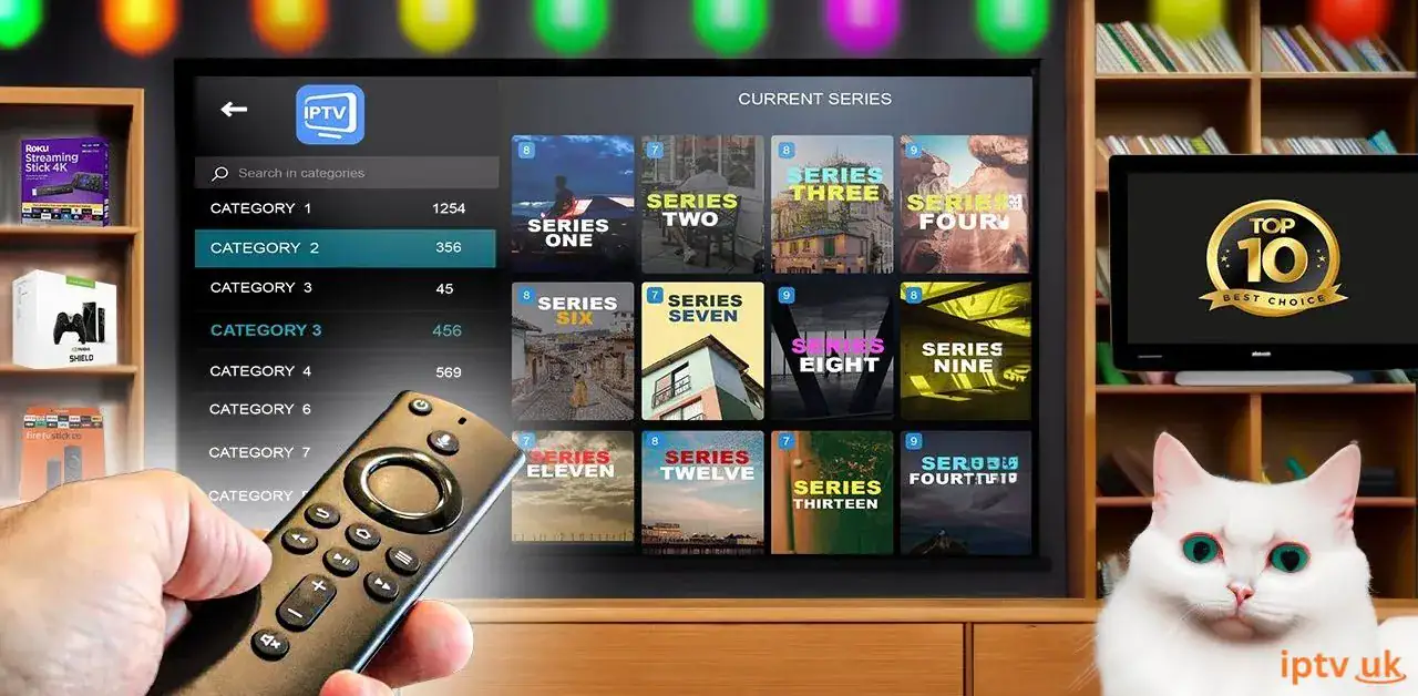A custom Android TV interface application launcher menu showing media settings side-panel over a grid layout of streaming and media management apps.