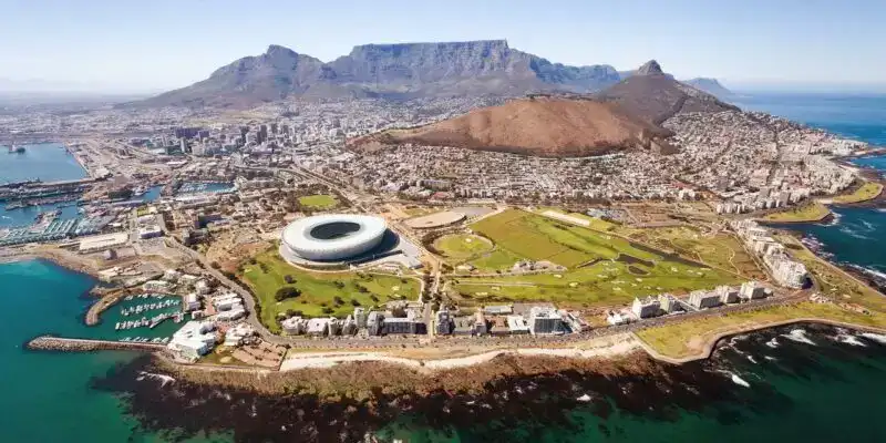 Panoramic view of Table Mountain in Cape Town at sunset