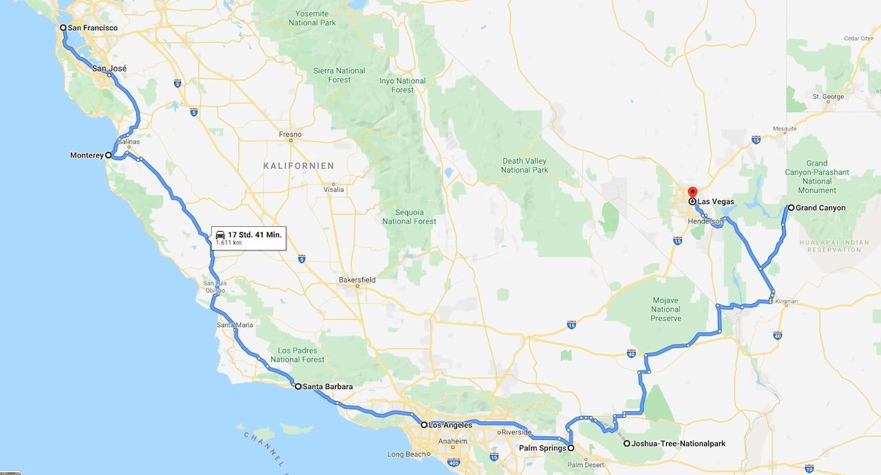 Route San Fransisco nach Las Vegas