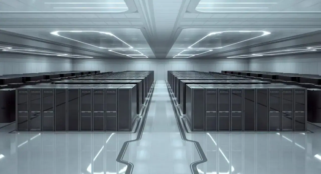 ala server di un data center con doppia fila di rack e pavimento in resina lucido, superficie continua e dissipativa per la protezione dei componenti elettronici