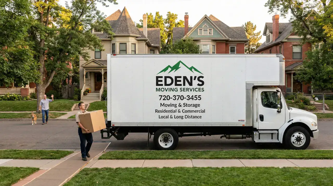 A professional moving truck parked along the tree-lined South Franklin Street in the historic Washington Park neighborhood of Denver, CO 80209, during a residential relocation into a classic Denver home.