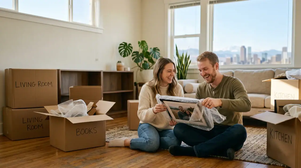 Denver couple sitting on the floor of their new home, laughing as they unwrap a framed photo surrounded by labeled moving boxes