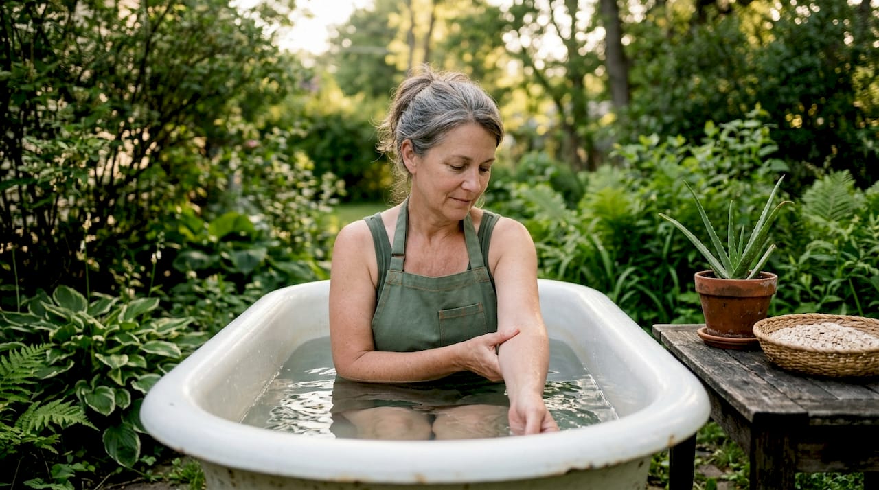 Woman applying cool compress to arm rash