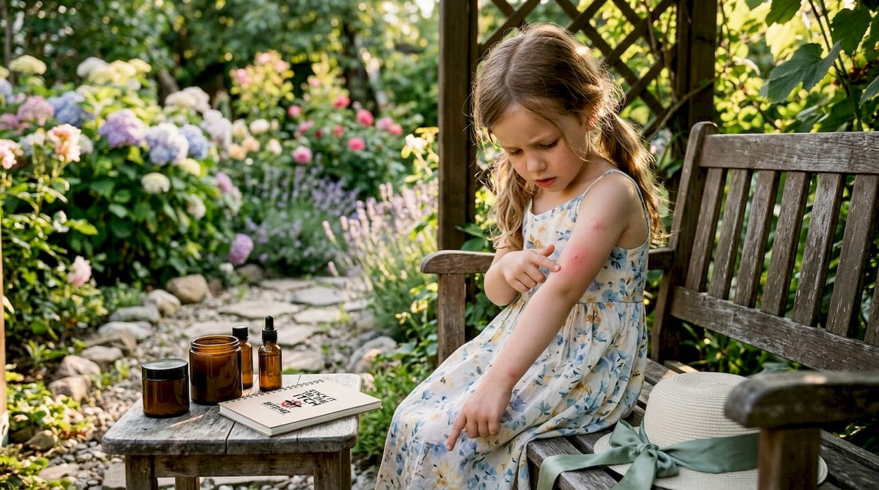 Young girl examining swollen bug bite on arm