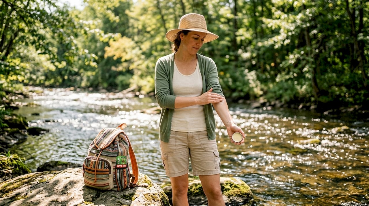 Woman applying natural balm outdoors on forest trail