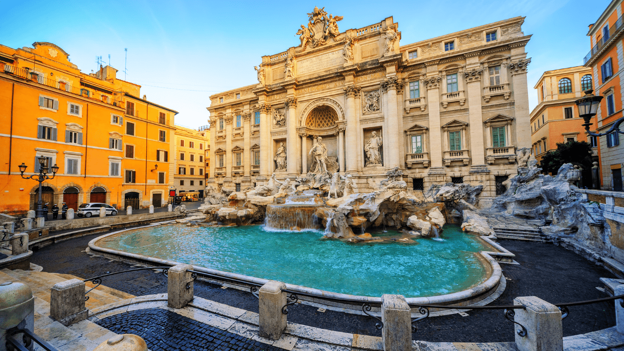 Ornate Fountain at Trevi Square in Rome Italy, popular travel destination.