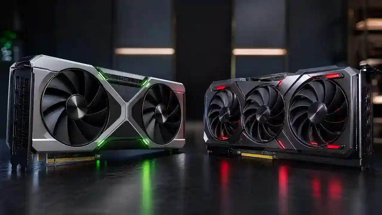 مقارنة بطاقتي شاشة NVIDIA RTX 5090 و AMD RX 8900 XT في مواجهة تقنية على خلفية داكنة بألوان أخضر وذهبي.