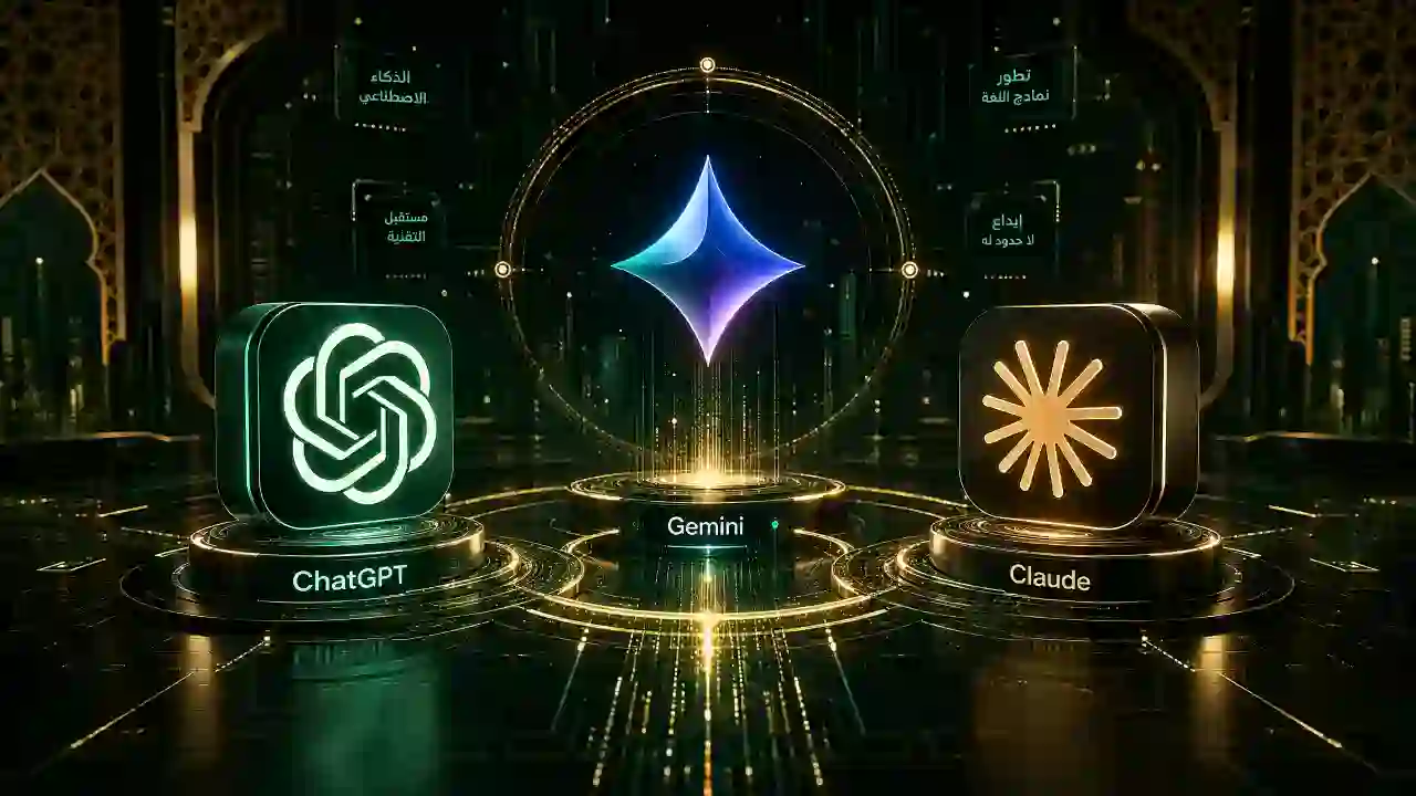 مقارنة ChatGPT و Google Gemini و Claude 2026 – شعارات أدوات الذكاء الاصطناعي الثلاثة في مواجهة تقنية على خلفية عربية مستقبلية بألوان أخضر ذهبي
