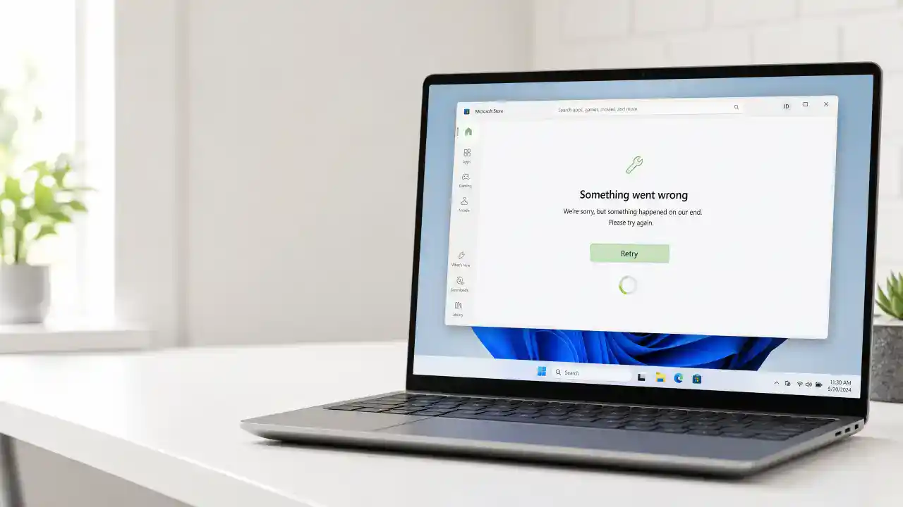 حل مشكلة متجر Microsoft Store - صورة توضيحية لشاشة متجر مايكروسوفت مع علامة إصلاح على خلفية خضراء داكنة وذهبية.