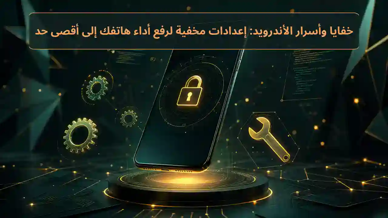 إعدادات الأندرويد المخفية لرفع أداء هاتفك إلى أقصى حد - هاتف ذكي مع أيقونات تقنية وتروس على خلفية خضراء وذهبية