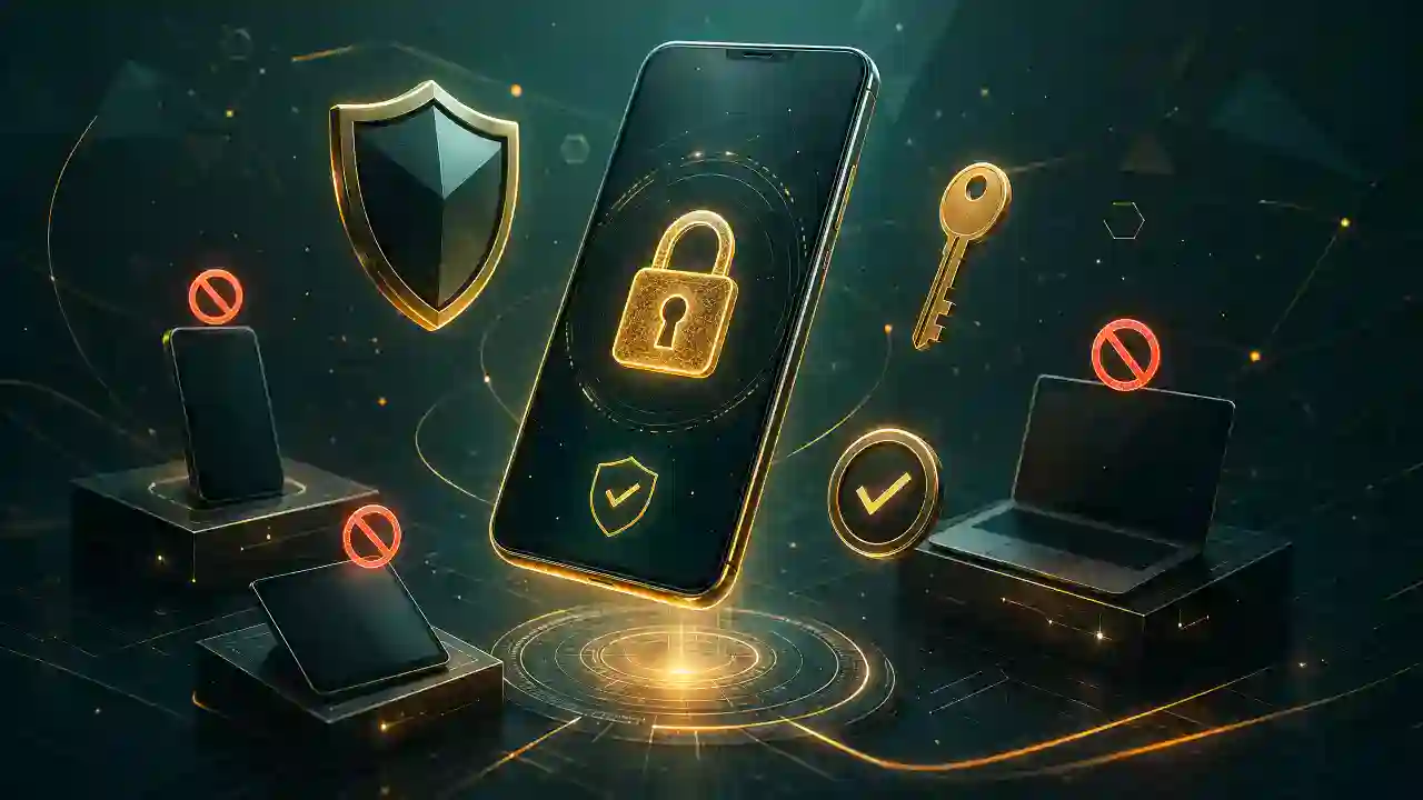 تأمين حساب تيك توك 2026 - دليل شامل لإزالة الأجهزة الغريبة وحماية الخصوصية - هاتف ذكي مع أيقونات أمان وأجهزة على خلفية خضراء وذهبية