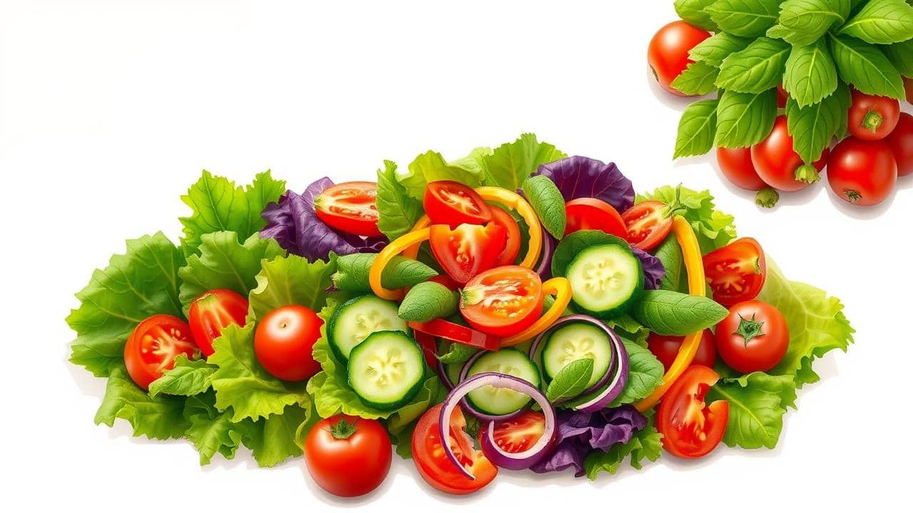 Create a photorealistic illustration featuring a vibrant and colorful arrangement of five simple salad recipes for a light dinner. The image should showcase fresh and healthy ingredients like leafy greens, ripe tomatoes, cucumbers, bell peppers, and other colorful vegetables. Include a variety of textures and colors to convey freshness and beauty that promotes healthy skin and a boost in mood. The background should be soft and inviting, enhancing the visual appeal without any text or labels.