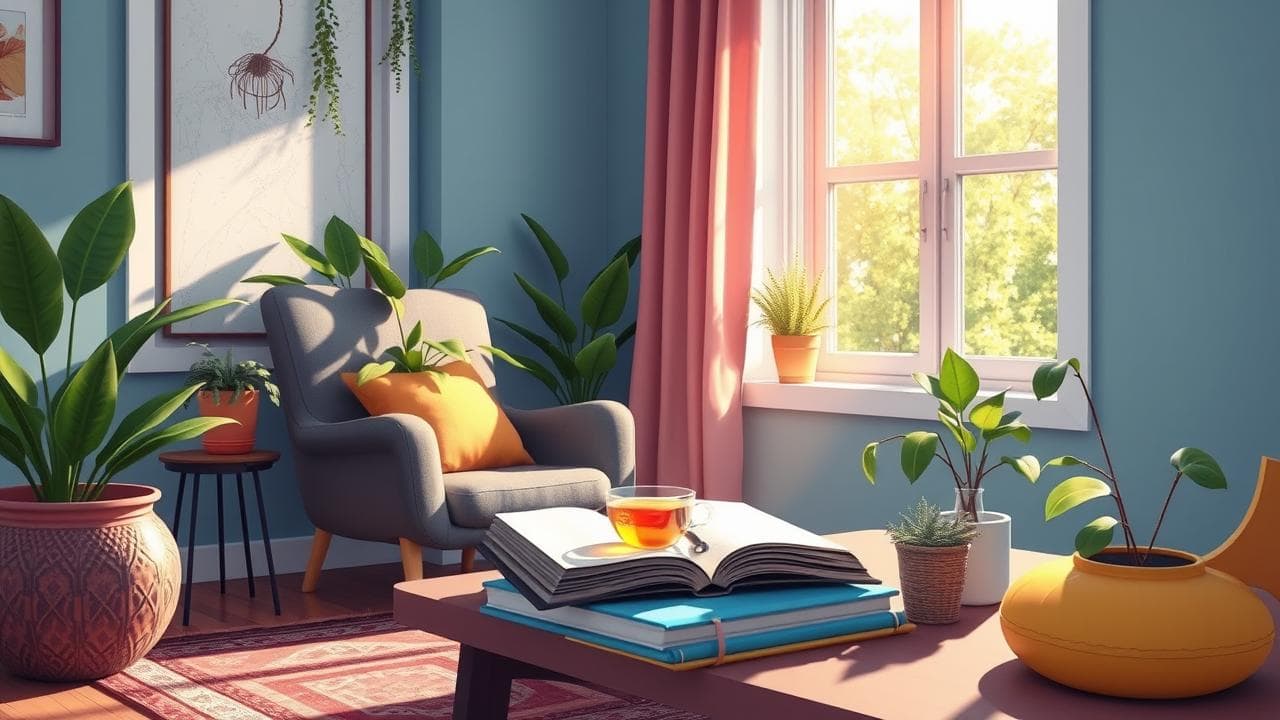 A photorealistic illustration featuring a serene and inviting workspace that symbolizes clarity of mind and mental wellness. The scene includes vibrant colors and sharp contrasts, showcasing elements like a cozy reading nook with a comfortable chair, an open book surrounded by plants, a cup of herbal tea, and sunlight streaming through a window. There should be a calm atmosphere that conveys energy and lightness, with subtle hints of mindfulness practices such as meditation cushions, a journal, and soft textures. The overall composition should inspire feelings of focus, relaxation, and self-care, without any text or labels.