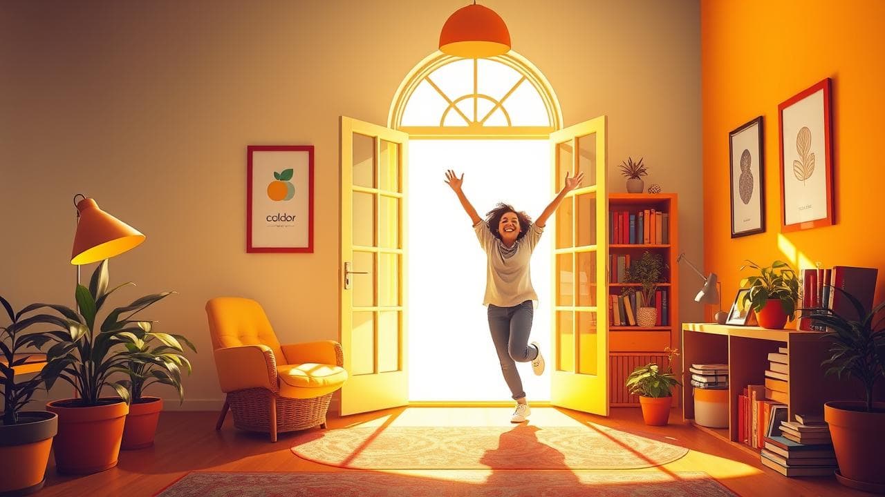 A photorealistic illustration featuring a bright and vibrant room filled with warm, contrasting colors. The scene depicts a person joyfully entering the room, surrounded by elements that symbolize clarity of mind and positivity, such as an open window letting in sunlight, a cozy reading nook with colorful books, and plants thriving in sunlight. The atmosphere exudes energy and warmth, capturing the essence of clear memory, vitality, and cheerful mood without any text or words.