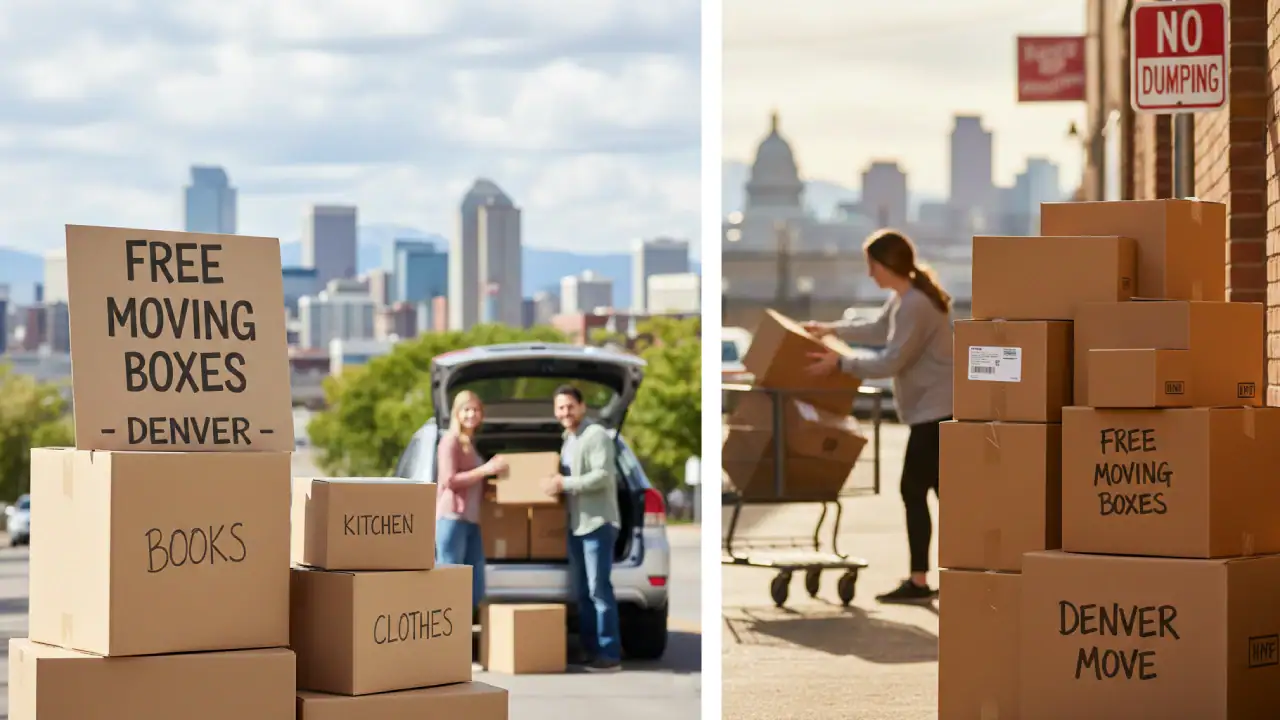 Stack of free moving boxes in a Denver street setting with people loading a car in the background.