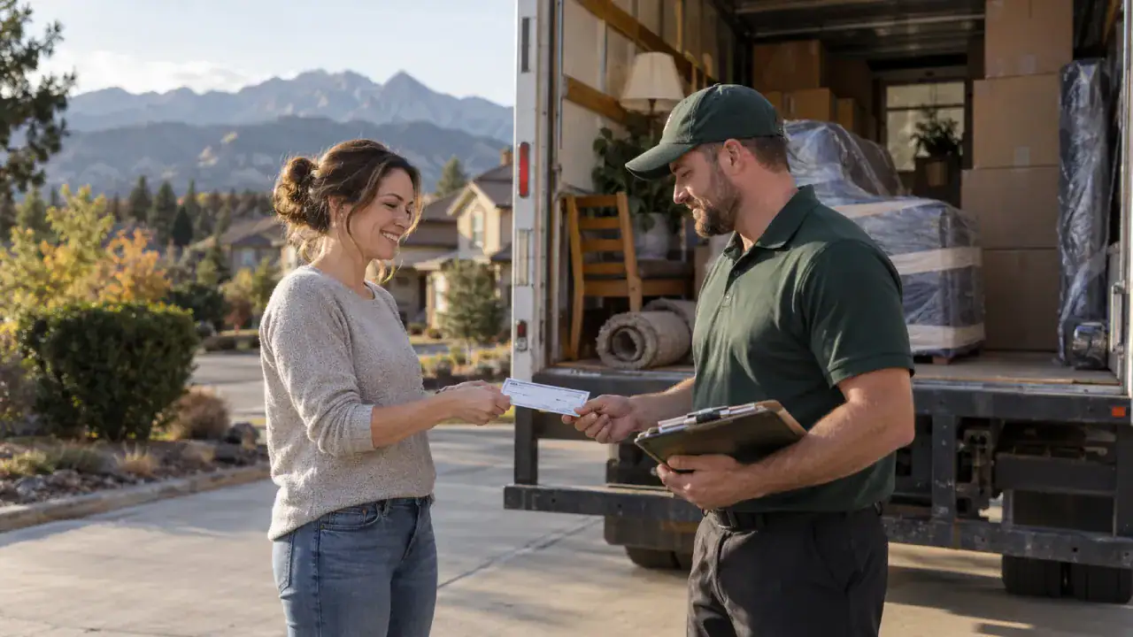 Customer paying the balance to a long-distance mover at delivery in front of a moving truck