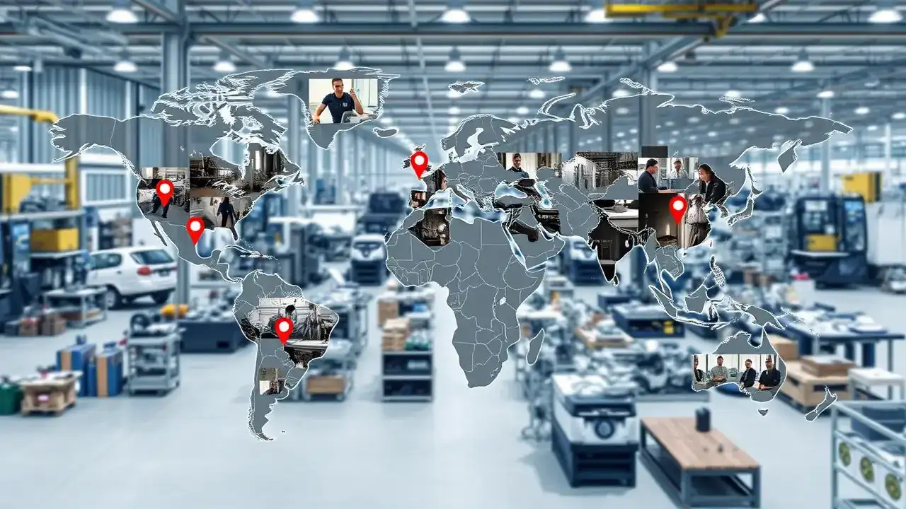 Weltkarte mit markierten Produktionsstandorten, eingebettet in eine moderne Fabrikhalle, die globale Fertigung und technologische Innovation symbolisiert