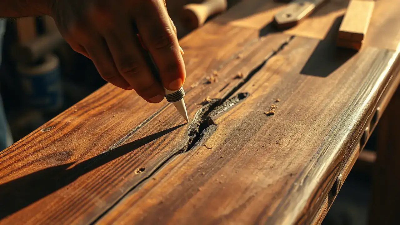 Detailaufnahme einer Holzreparatur im warmen Abendlicht: Eine Hand mit präziser Technik führt einen Reparaturstift in einen natürlichen Holzriss ein. Das rustikale Massivholz zeigt eine markante Maserung, während goldenes Licht die handwerkliche Arbeit dramatisch beleuchtet. Im Hintergrund sind verschwommen Tischler-Werkzeuge zu erkennen