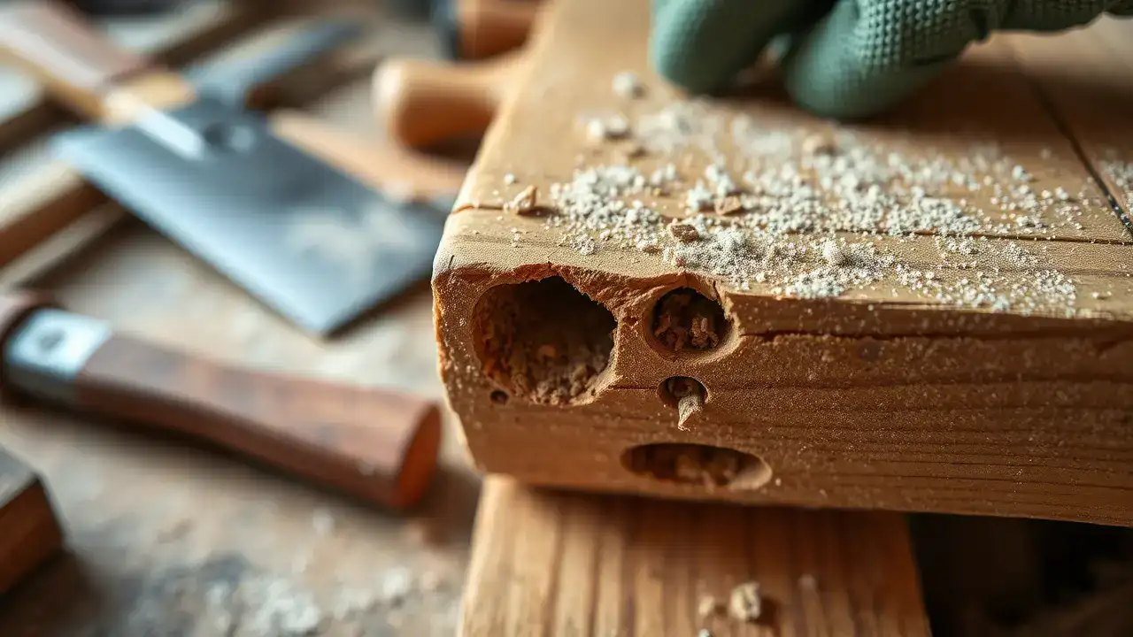 Nahaufnahme eines stark von Holzwürmern befallenen Holzbalkens mit deutlich sichtbaren Fraßgängen und frischem Bohrmehl. Im Vordergrund sind große Austrittslöcher zu sehen, während im Hintergrund Werkzeuge zur Holzwurmbekämpfung und eine behandschuhte Hand erkennbar sind. Die detaillierte Aufnahme zeigt die charakteristischen Spuren eines aktiven Holzwurmbefalls.
