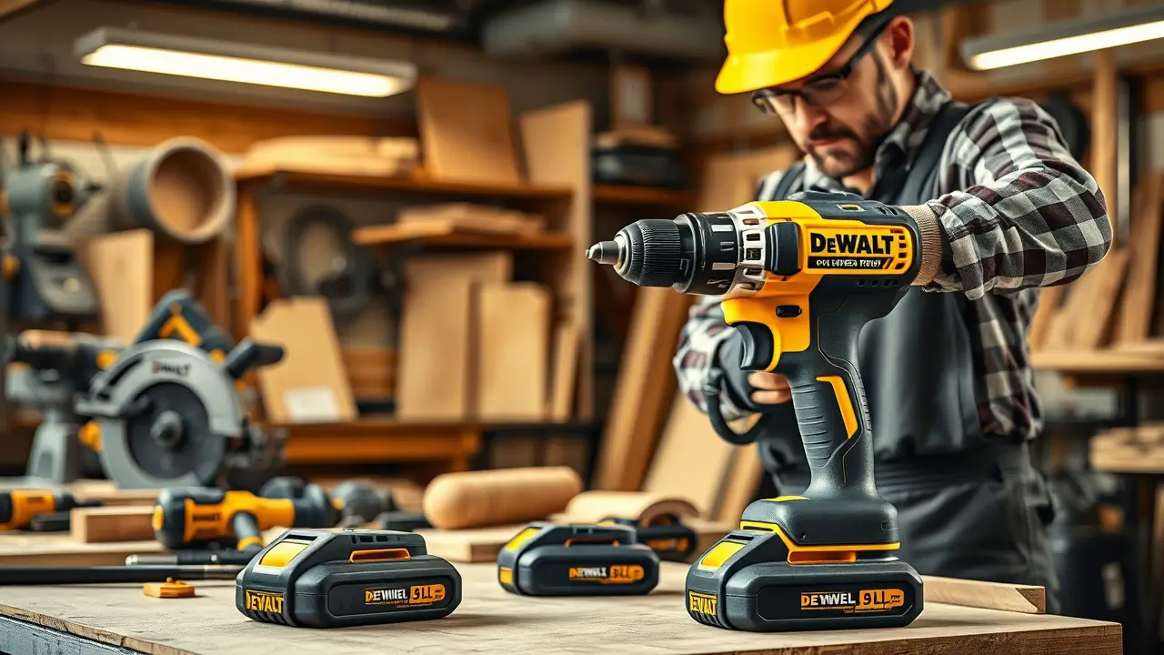 Die Frage der Fragen: Wie gut ist Dewalt wirklich? 1 Professioneller Handwerker in einer gut ausgestatteten Werkstatt arbeitet mit einem leistungsstarken Akkuschrauber, umgeben von Werkzeugen und Holzmaterialien