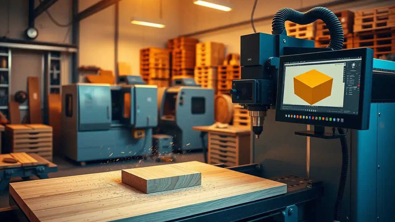 Hochmoderne CNC-Fräsmaschine bearbeitet Holzblock mit computergesteuerter Präzision, umgeben von Werkzeugen und Maschinen in einer professionellen Werkstatt.