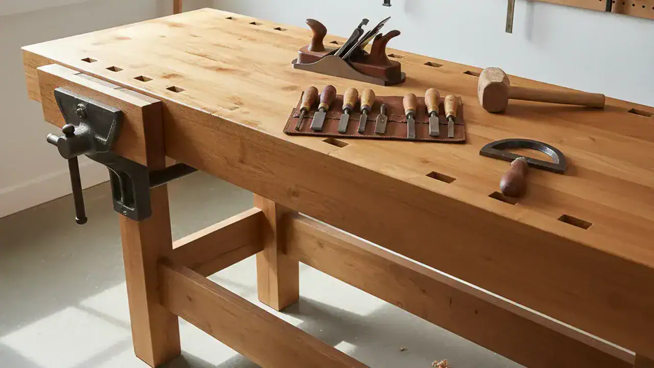 Professionelle Holzwerkbank mit Stechbeiteln Hobel und Messwerkzeugen
