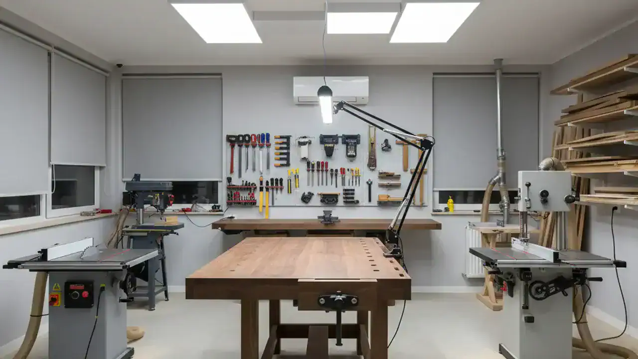 Moderne LED-Beleuchtung in einer Holzwerkstatt mit Deckenleuchten und Arbeitsplatzleuchte