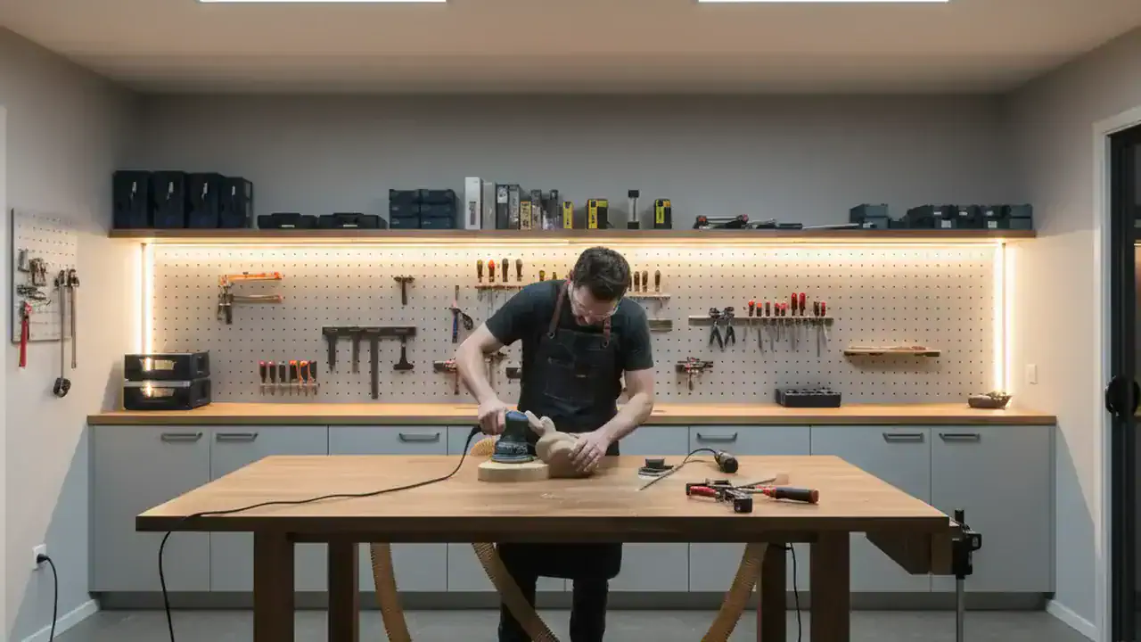 LED-Beleuchtung in einer Holzwerkstatt sorgt für gleichmäßiges, helles Arbeitslicht über der Werkbank