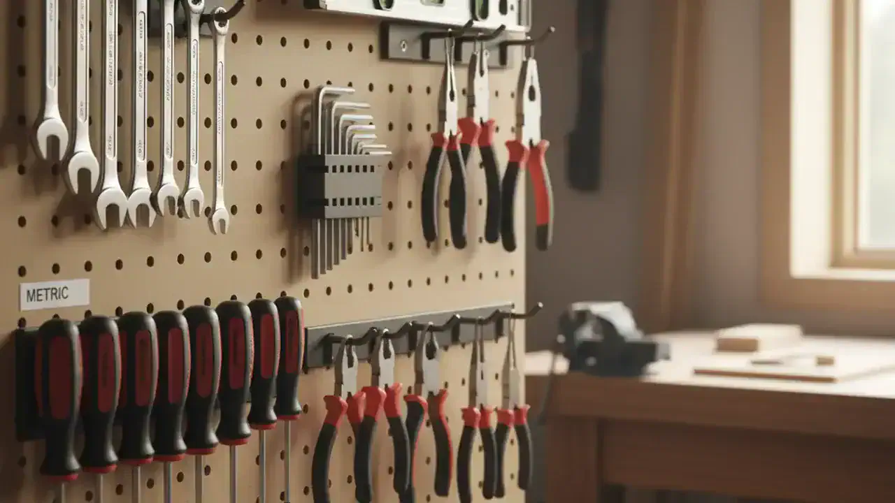 Werkzeugwand mit Lochwand in einer Heimwerkstatt – Schraubendreher, Zangen und Messwerkzeuge ordentlich aufgehängt