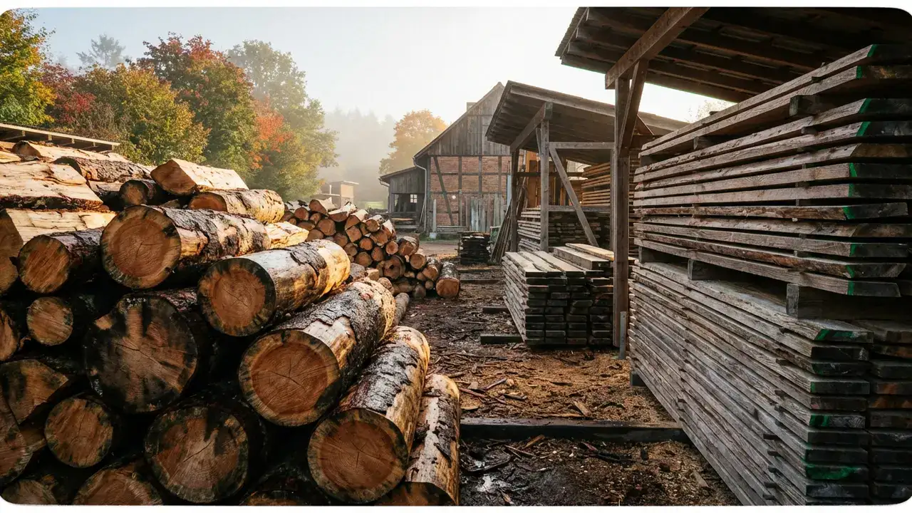Holz Gewicht Tabelle: Waldfrisch, Lufttrocken & Trocken im Vergleich (30+ Holzarten) 1 Frisch gefällte Stämme und getrocknetes Holz im Vergleich – Holzgewicht Tabelle waldfrisch
