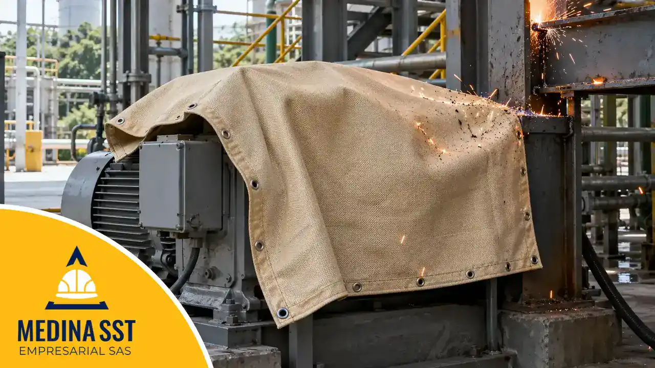 Manta ignífuga para soldadura con ojales metálicos cubriendo el motor y el tablero de control de una máquina junto a una estructura que se está soldando, con chispas y escoria cayendo sobre la manta