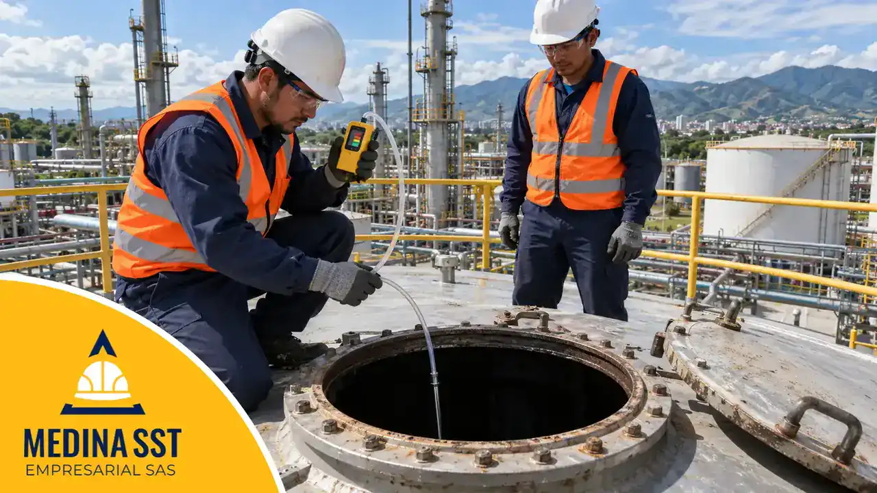 Detector de gas para espacios confinados: un técnico con casco, gafas y chaleco reflectivo, arrodillado junto a la boca abierta de un tanque, baja la manguera de muestreo del detector portátil mientras el vigía observa