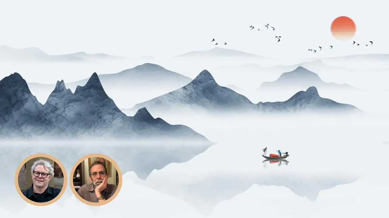 Ancient Chinese brush painting of gray mountains on a lake with a simple boat, and a red moon in the sky with birds.