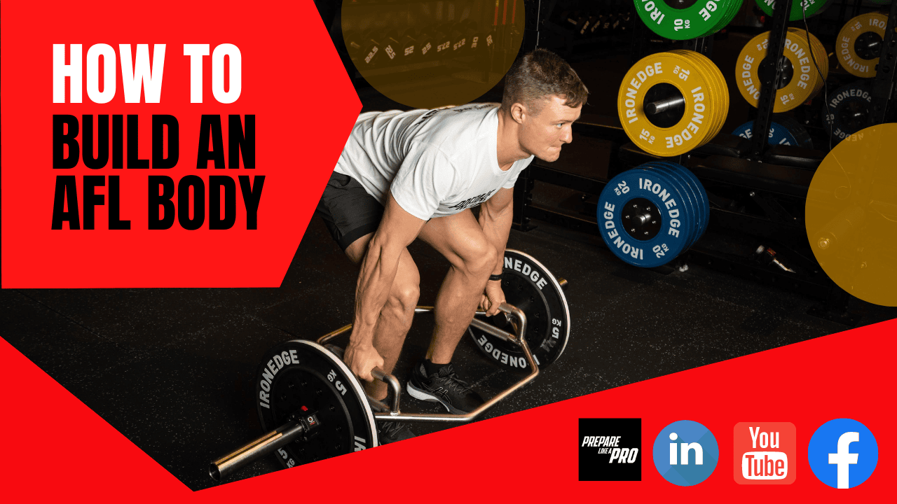 Text overlay "How to Build an AFL Body" with a workout program divided into sections.