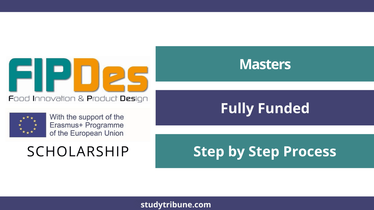 FIPDes Erasmus Mundus Food Innovation and Product Design Master’s Scholarship graphic showing program logo, EU Erasmus+ support badge, and labels for Masters, Fully Funded, and Step-by-Step Process.