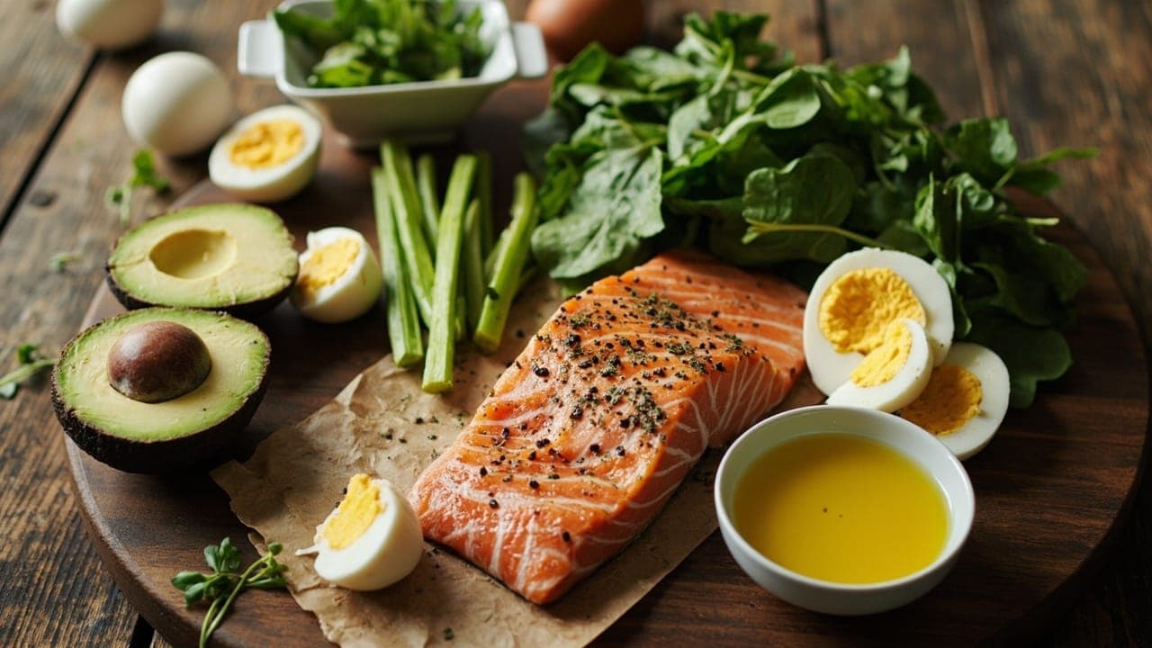 A keto meal plan for beginners, showing a meal prep layout with salmon, avocado, eggs, and spinach