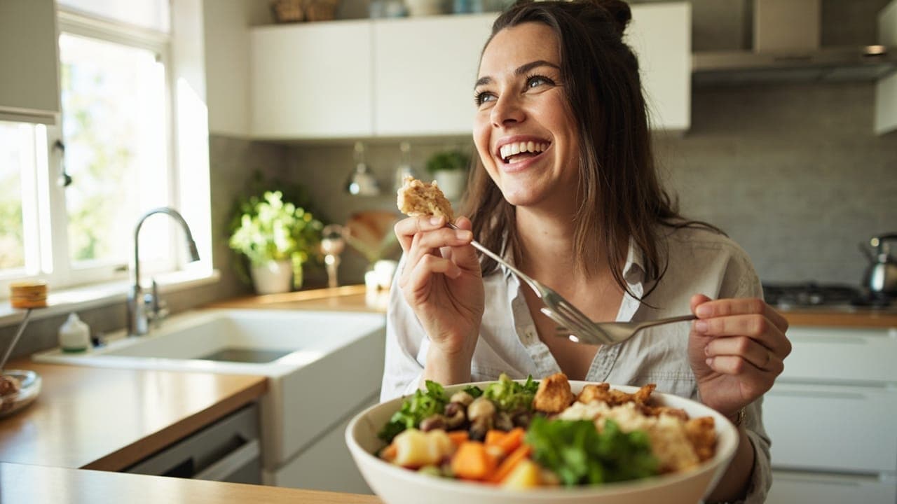 Balanced meals benefits for weight loss - a person enjoying a healthy balanced lunch bowl