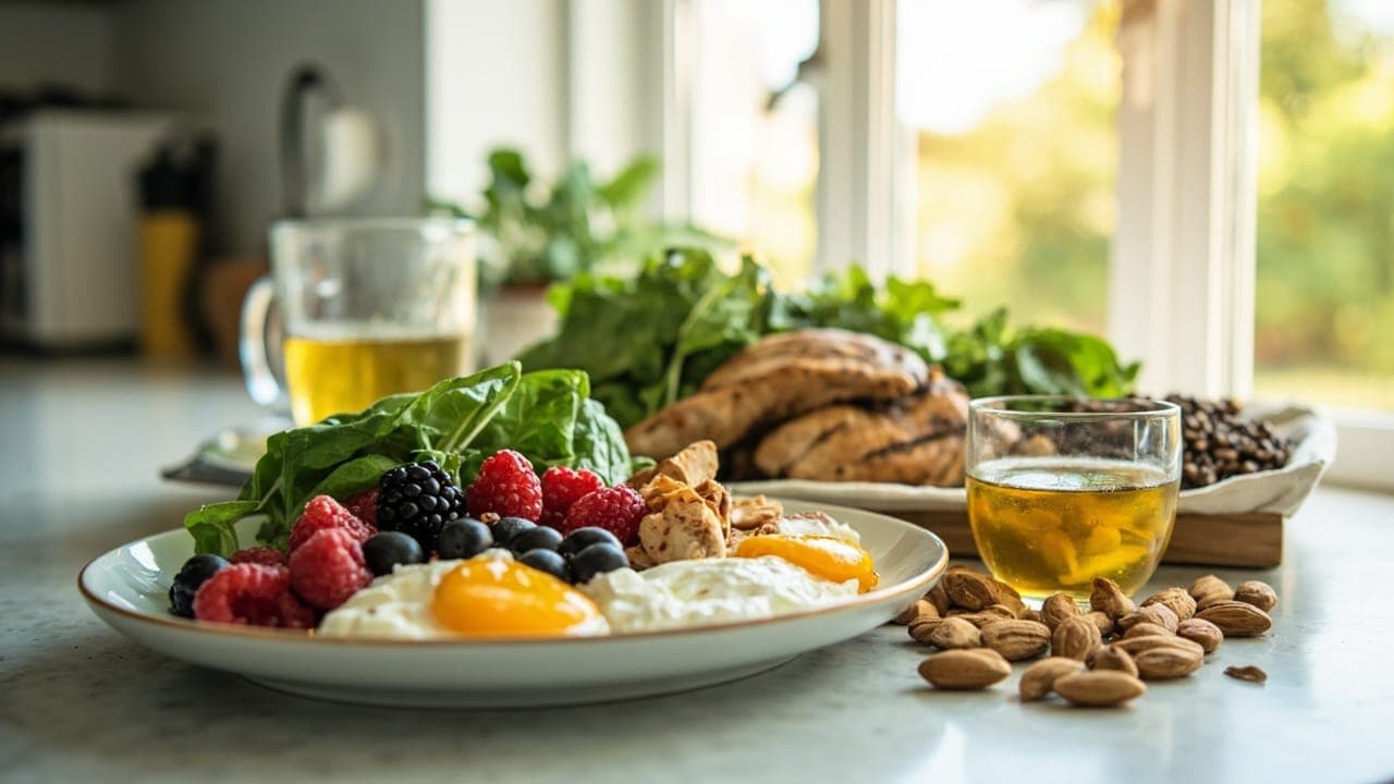 metabolism boosting foods for beginners - colorful spread of whole foods on a kitchen counter